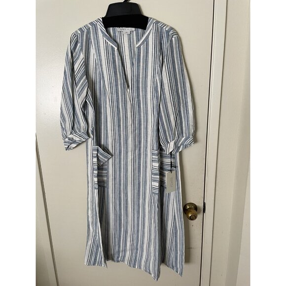 W by WORTH WOMENS Full length Blue White Striped Linen TUNIC V-NECK Size M - Picture 1 of 10